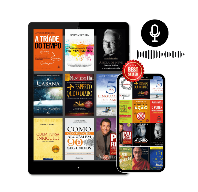 Mockup do pack com player de audiobook no celular e PDF no tablet