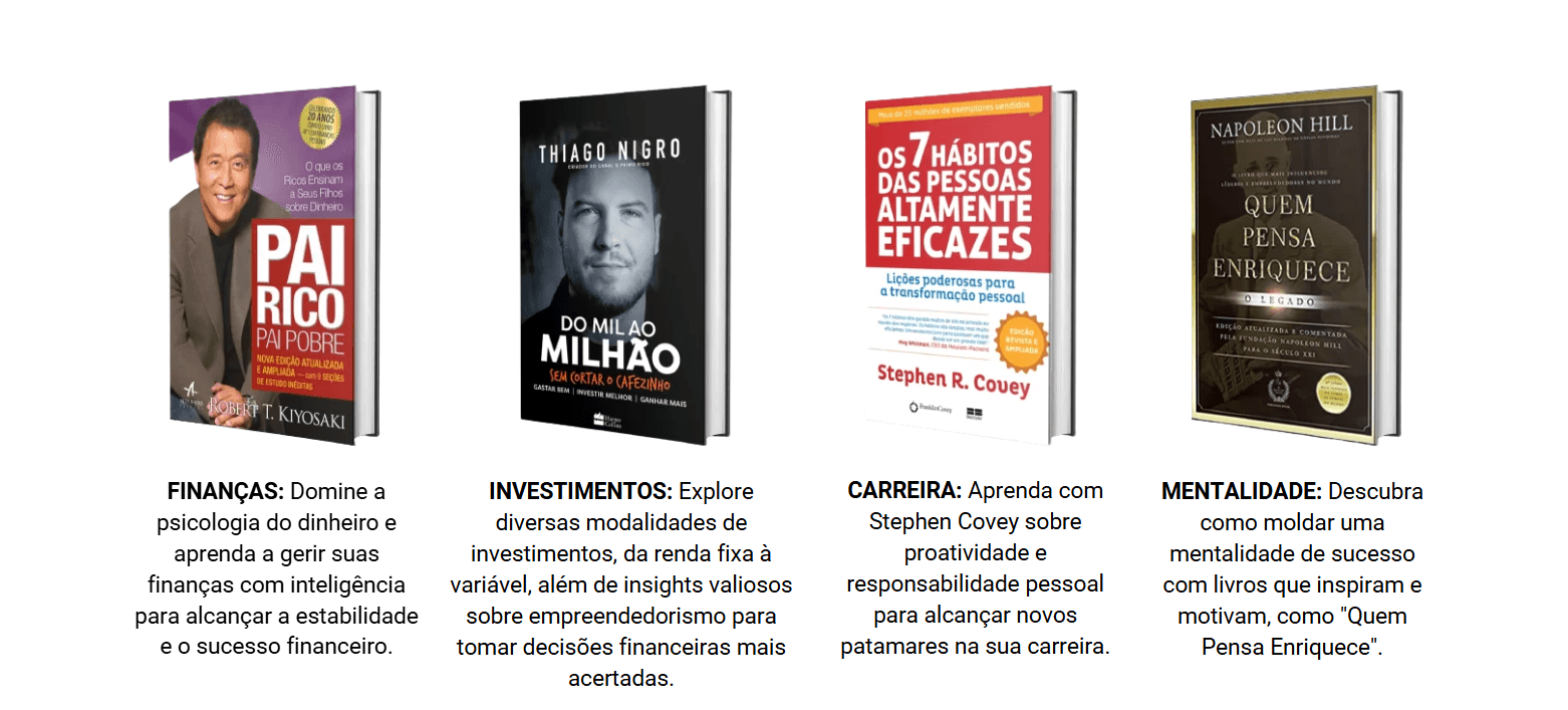 A collage of recognizable book covers like Rich Dad Poor Dad, The 48 Laws of Power, and The 4-Hour Workweek.